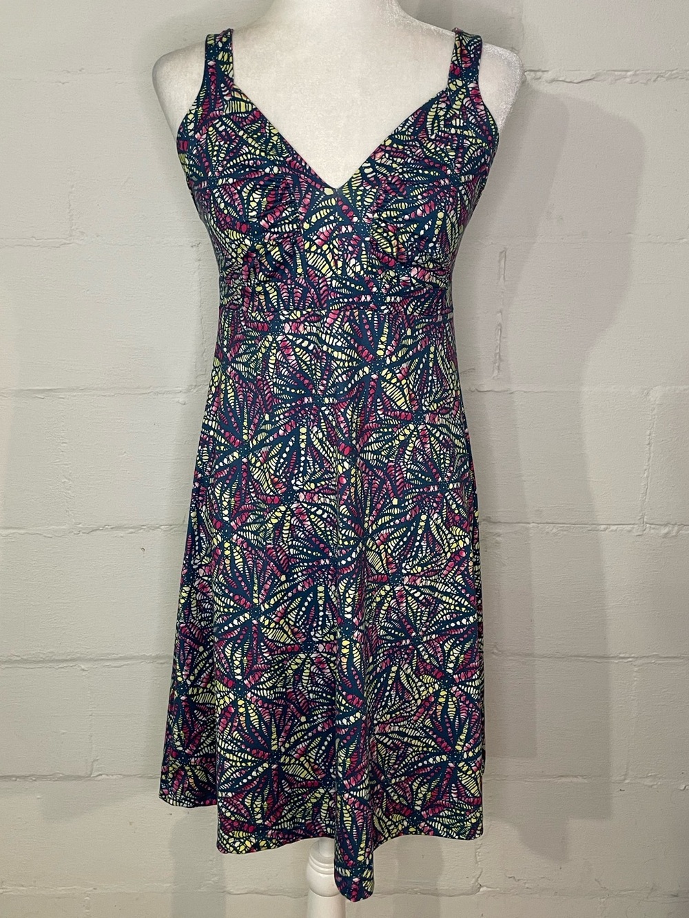 Patagonia Navy Floral-Print V-Neck Midi Dress with Pink and Lime Motif